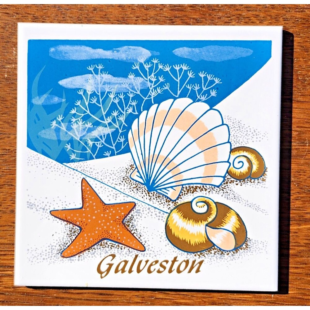 Vintage Galveston Texas Beach Souvenir Ceramic Art Tile Trivet 6x6 1990s Shells